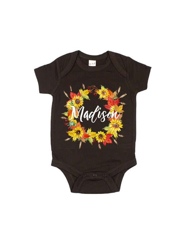 personalized baby girl sunflower fall wreath bodysuit