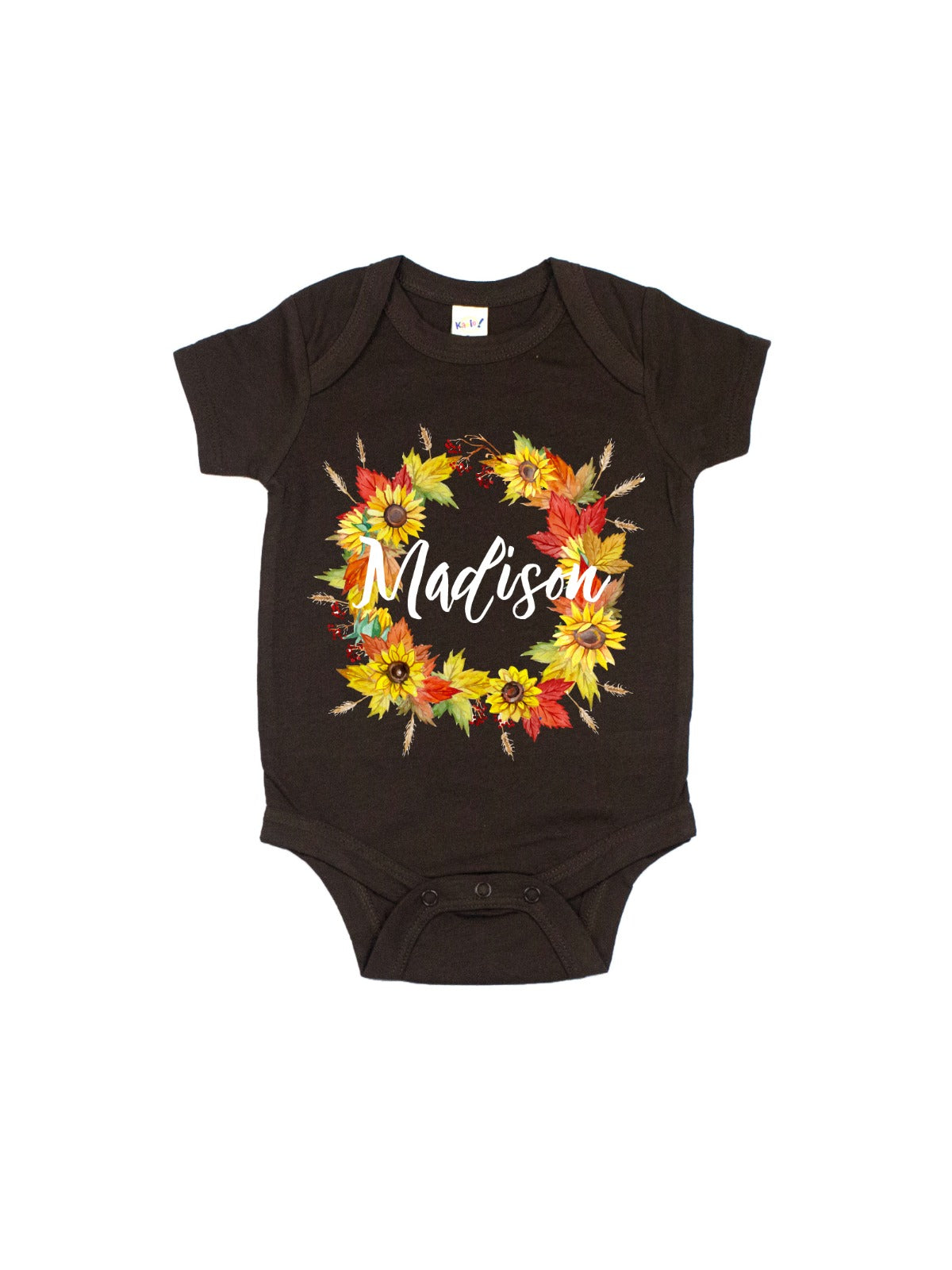 personalized baby girl sunflower fall wreath bodysuit