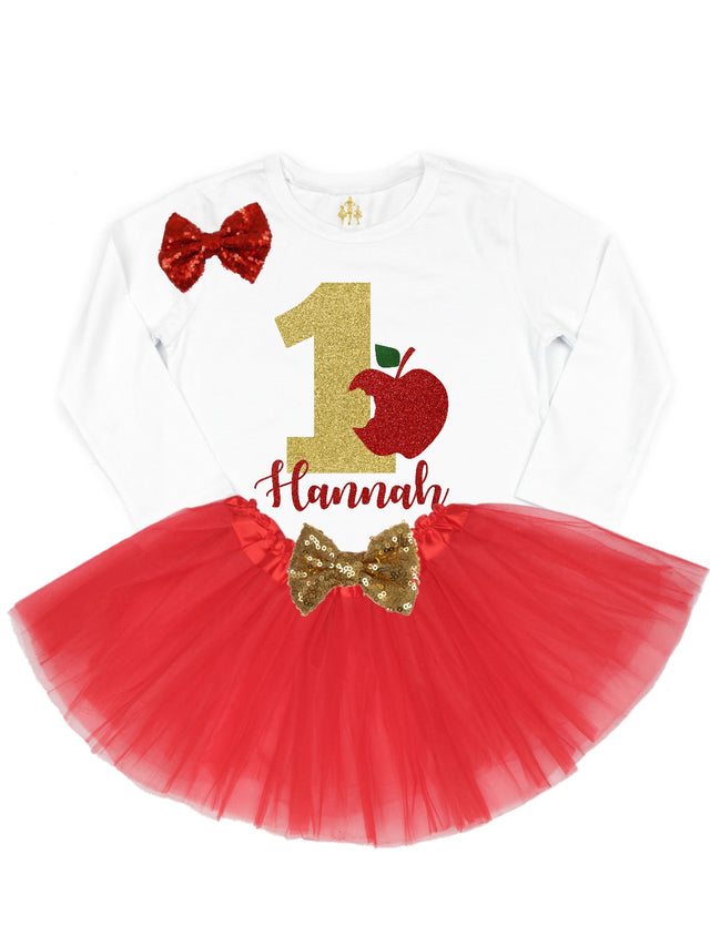 girls bitten apple red and gold birthday tutu outfit