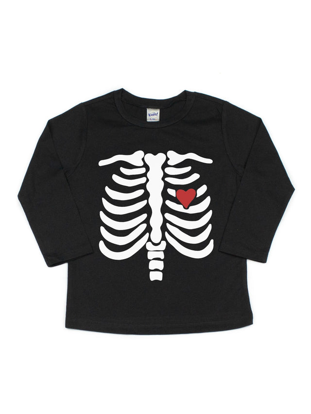 Long Sleeve Black Shirt with Skeleton Bones and Heart