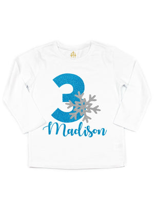 glitter snowflake silver and blue girl's t-shirt