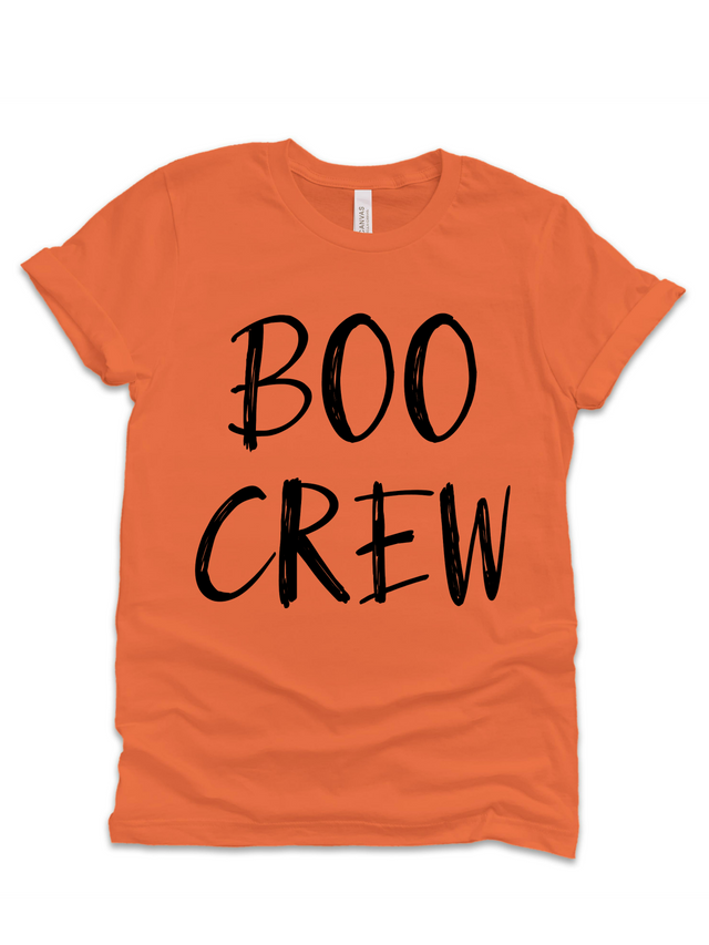 Orange Adult Short Sleeve Shirt that says BOO CREW in Halloween style
