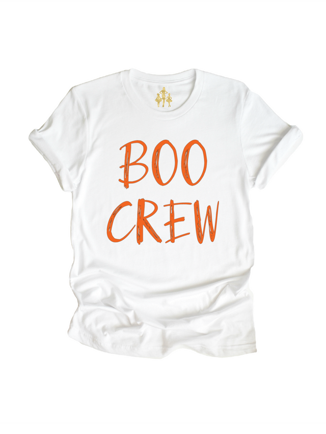White Adult Shirt that says BOO CREW in orange writing