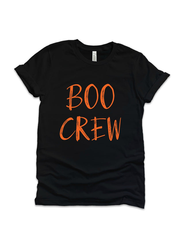 Black Adult Shirt that says BOO CREW in orange writing