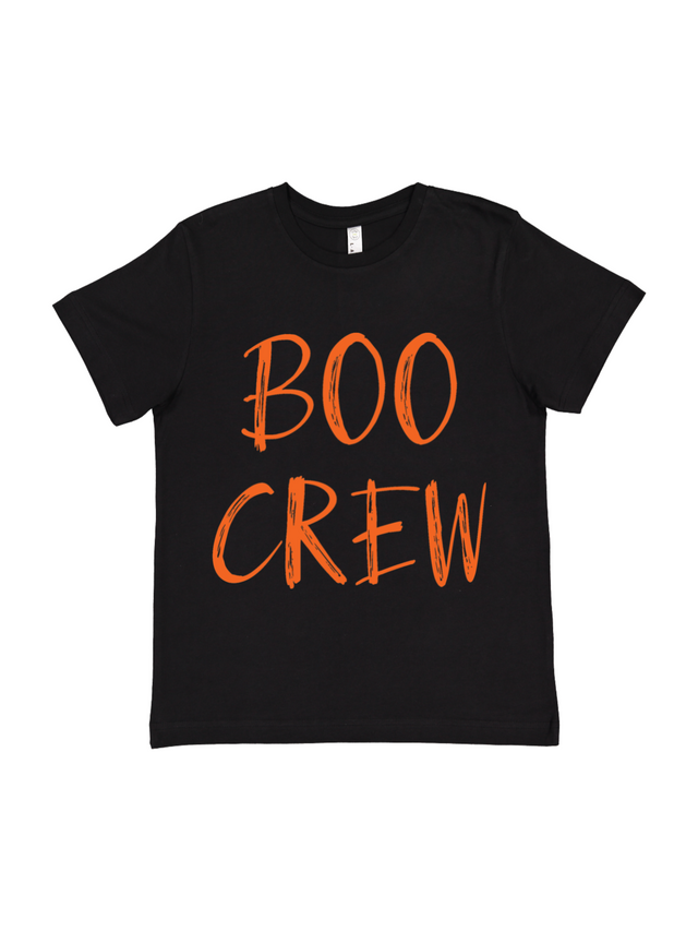 Kids Black Shirt that says BOO CREW in orange lettering