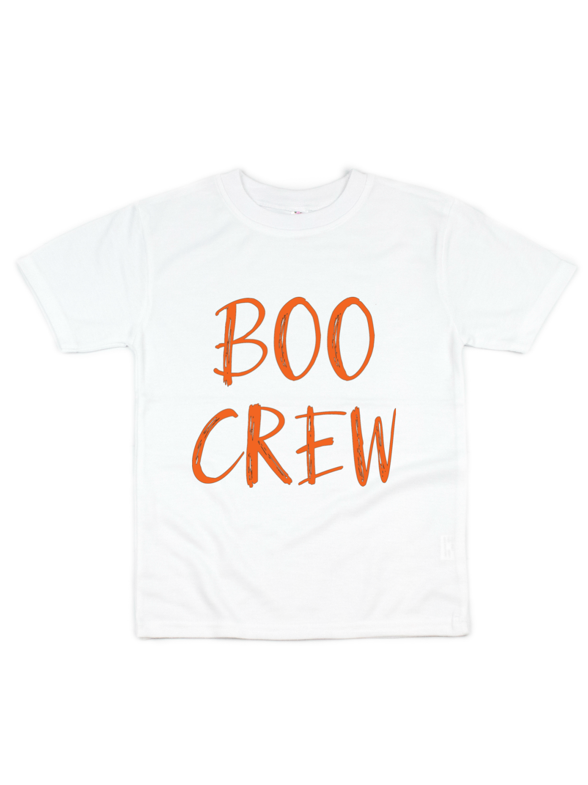 Kids Halloween Shirts in Orange, White, and Black that say Boo Crew in coordinating lettering