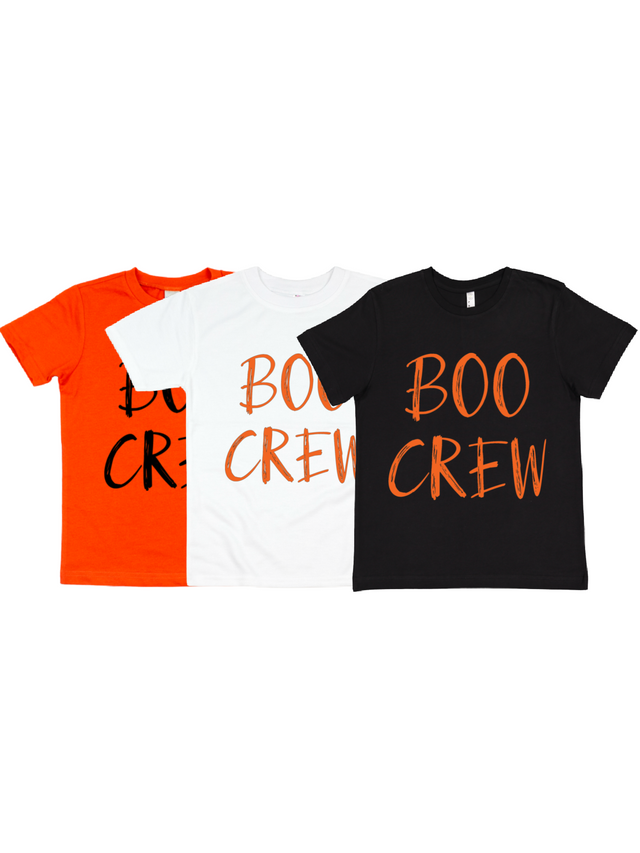 Kids Halloween Shirts in Orange, White, and Black that say Boo Crew in coordinating lettering
