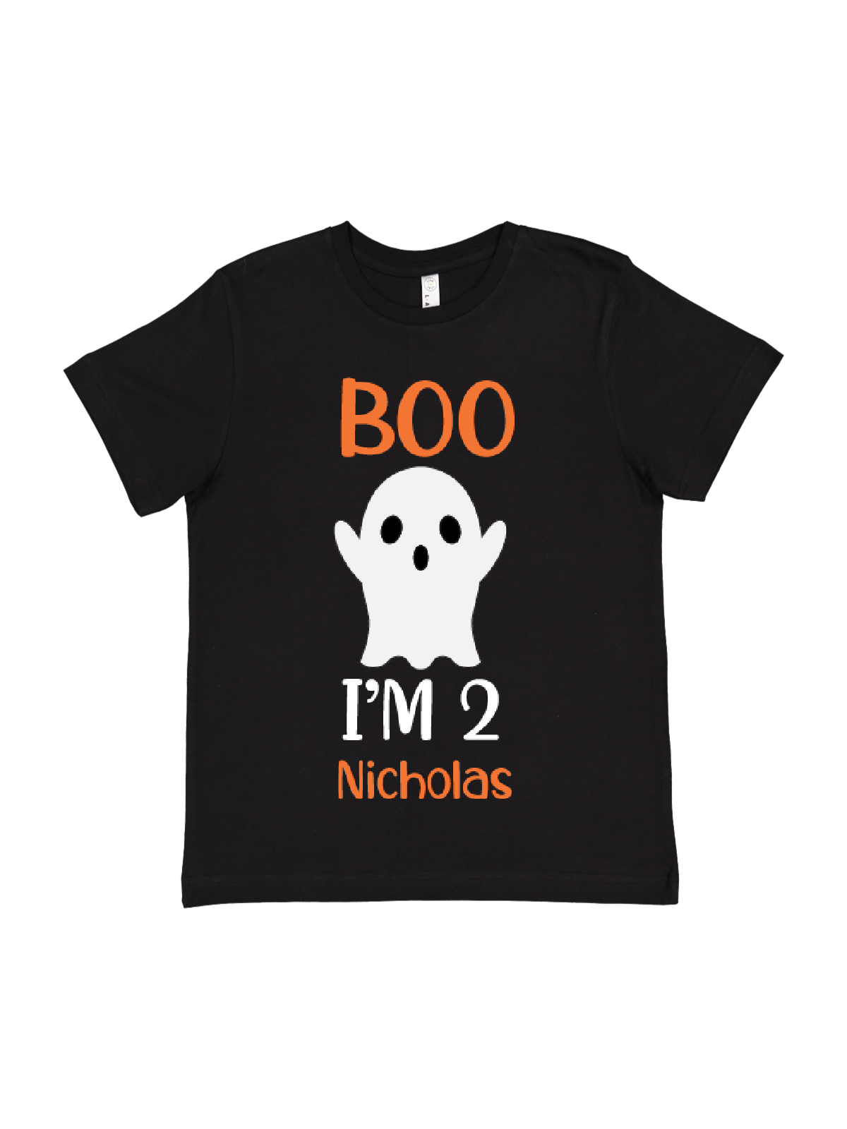 Kids Long Sleeve Black Shirt that reads Boo I'm 2 with a ghost