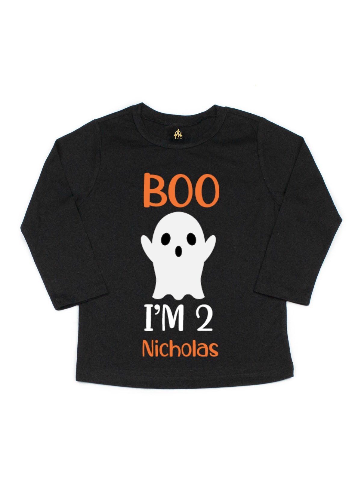 Kids Long Sleeve Black Shirt that reads Boo I'm 2 with a ghost