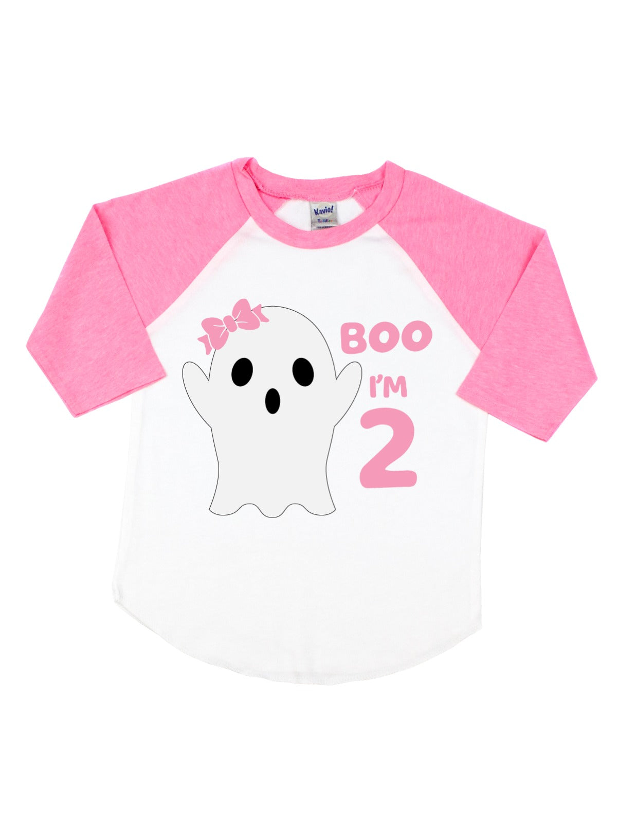 Girls White and Pink Raglan Shirt that reads Boo I'm 2 with surprised ghost wearing pink hair bow