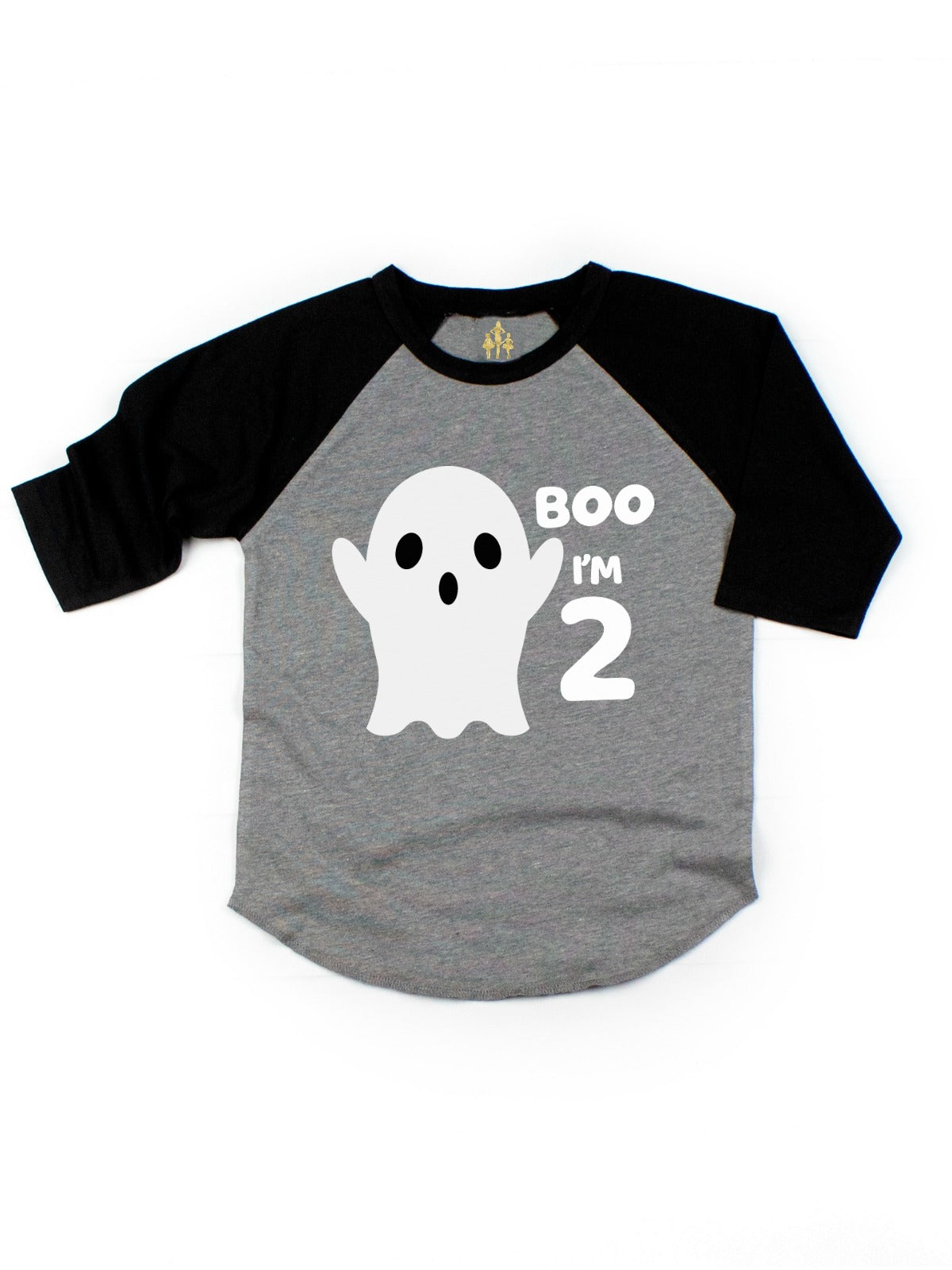 Boys Boo I'm 2 Halloween Second Birthday Shirt in Black and Gray Raglan Shirt