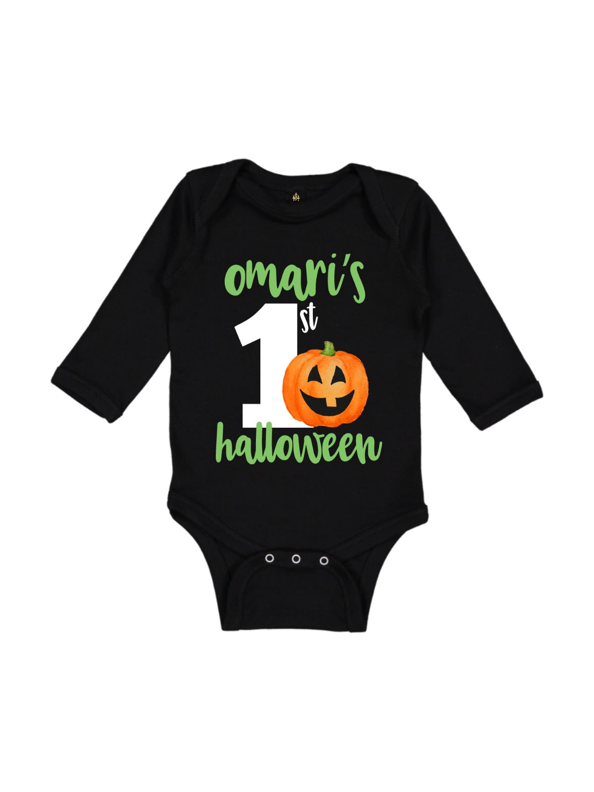 Personalized Black Infant One Piece Customized with First Halloween and Jack-o-Lantern Pumpkin
