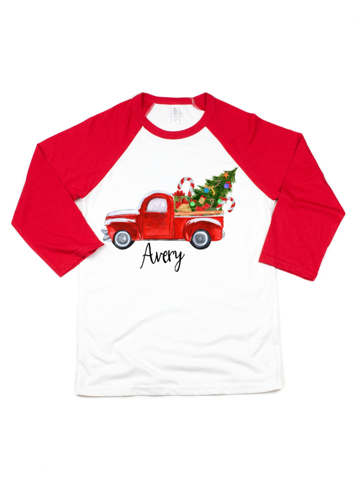 Christmas Truck Tree Red & White Raglan - Personalized