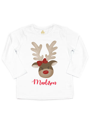cute reindeer with red bow girls christmas shirt personalized