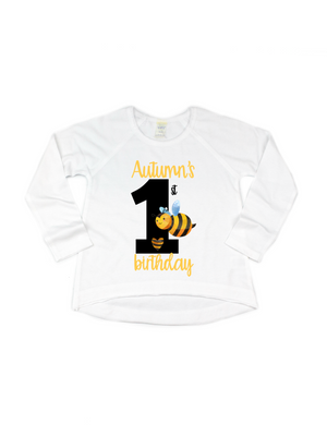 girls personalized bumble bee shirt in white long sleeve