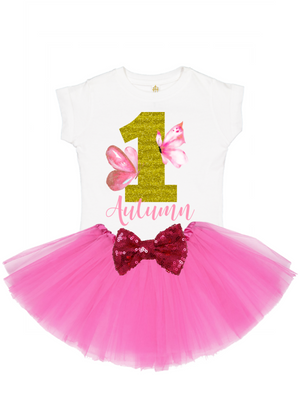 Pink & Gold Butterflies Girls Tutu Outfit - Personalized