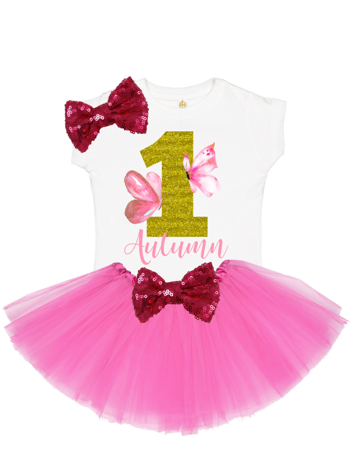 Pink & Gold Butterflies Girls Tutu Outfit - Personalized