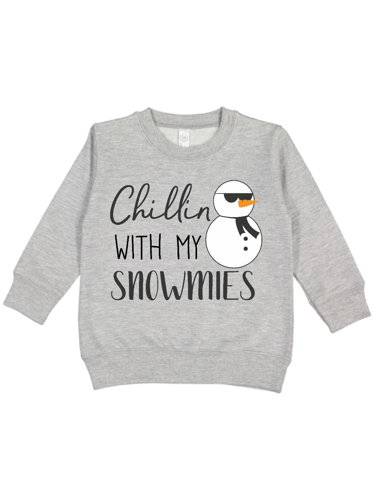 long sleeve heather gray kids fleece sweatshirt that says chillin with my snowmies
