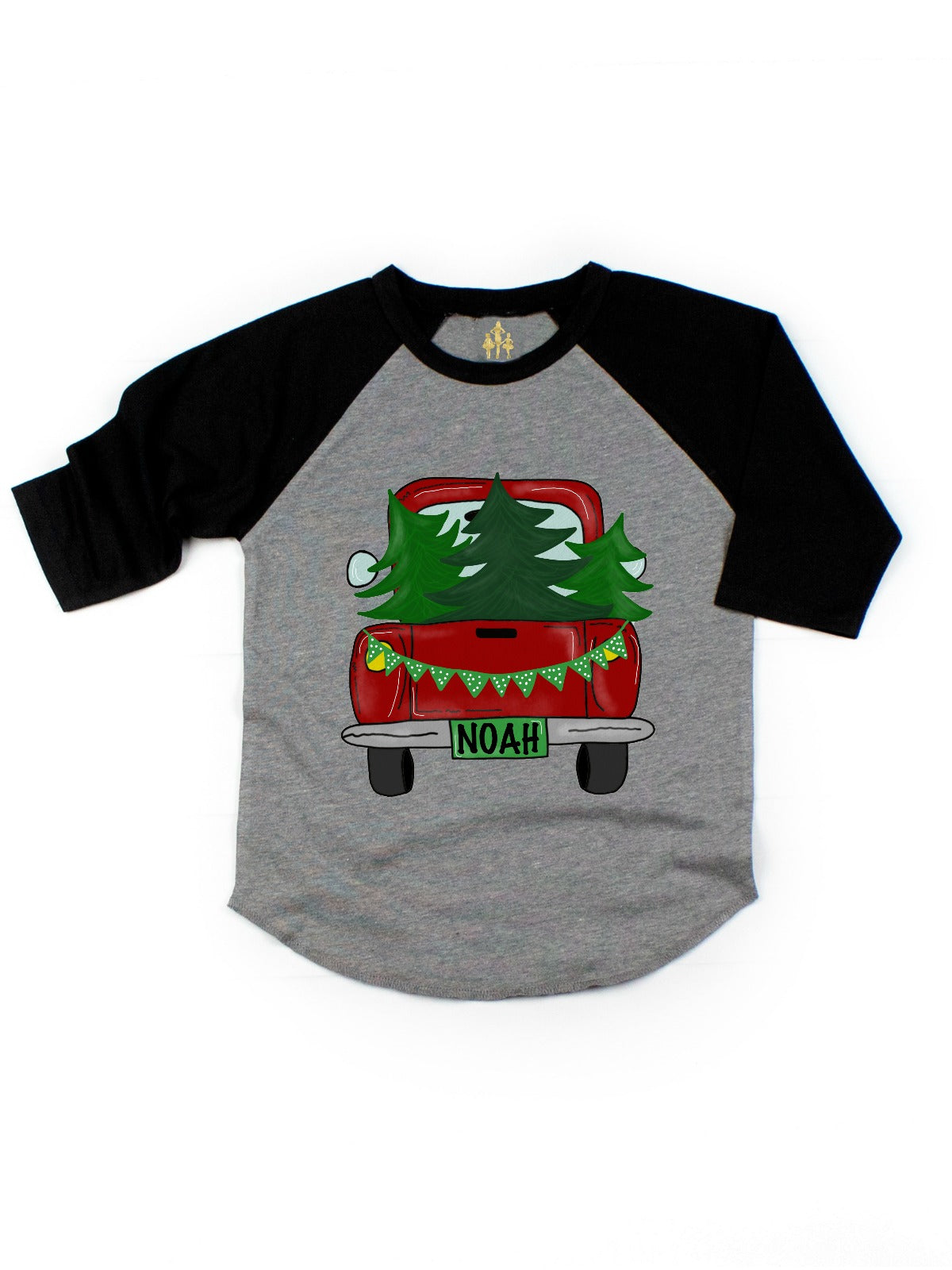 kids personalized Christmas tree truck raglan shirt