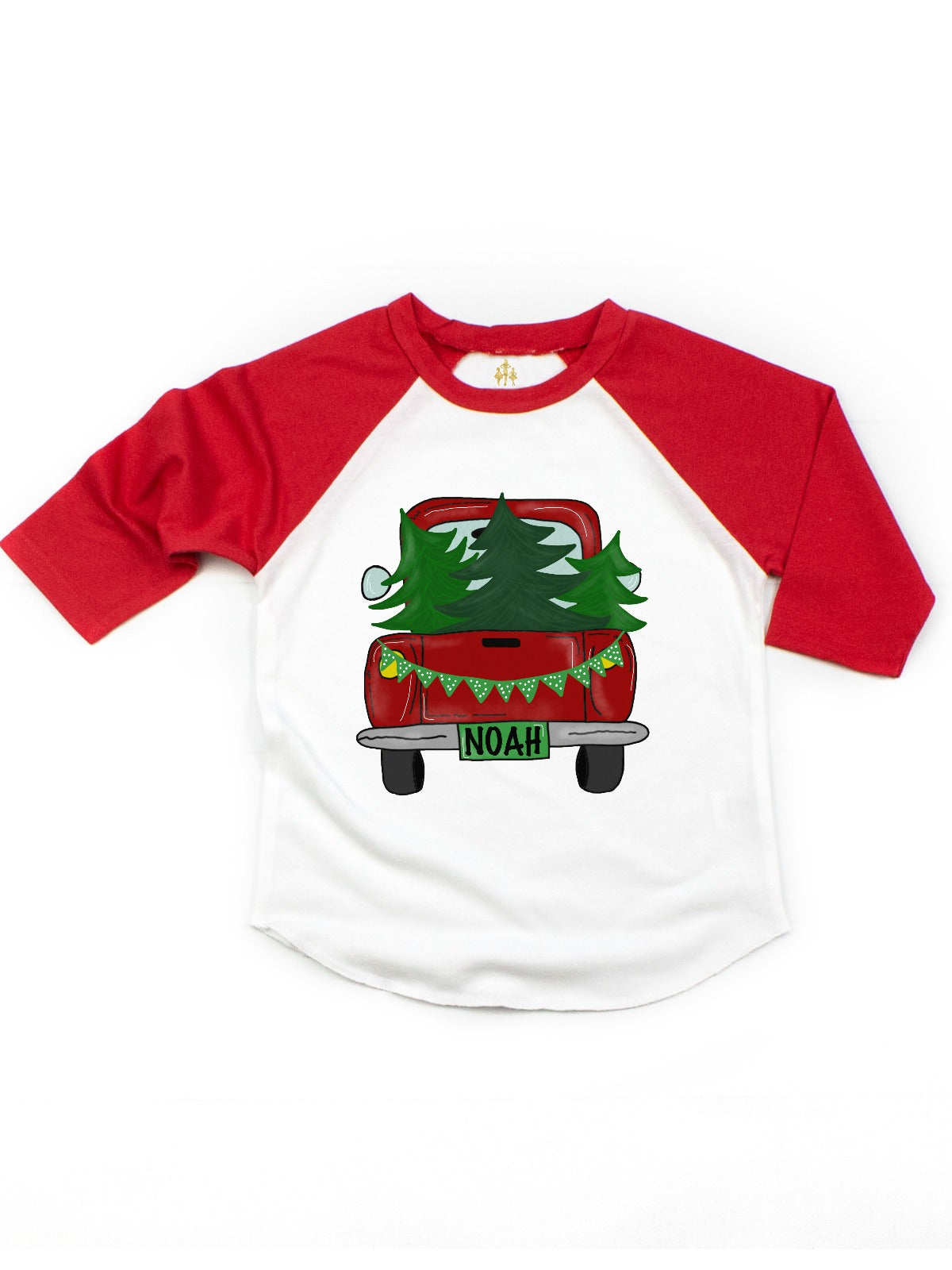 Red and white kids raglan t-shirt with vintage red truck carrying green spruce Christmas trees
