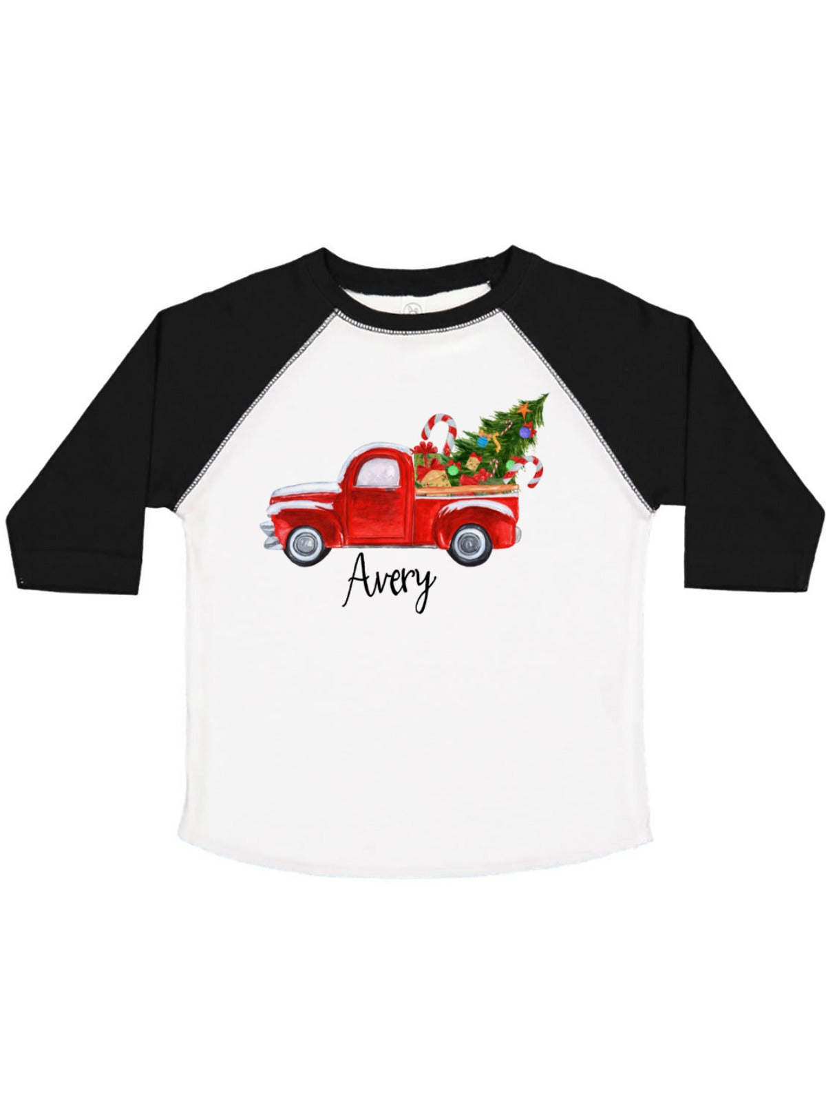personalized red truck Christmas tree boys raglan t-shirt