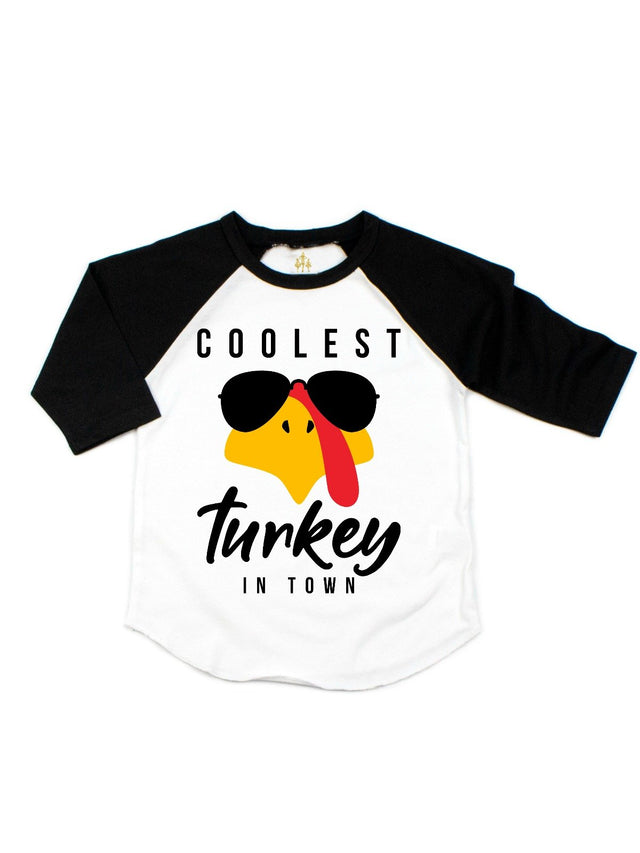 Boys White and Black Raglan Thanksgiving Shirt Coolest Turkey in Town