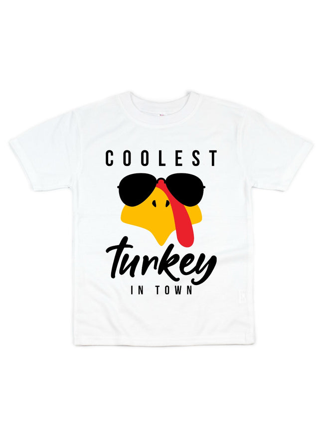 short sleeve coolest turkey in town kids Thanksgiving shirt in white