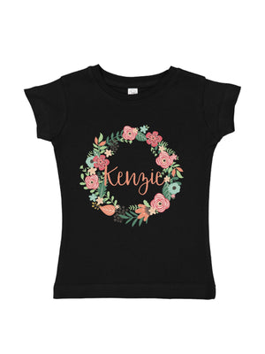 girls personalized t-shirt flower wreath coral and mint green