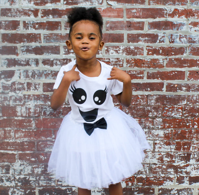 Model wearing Cute Ghost Face Shirt and White Tutu With Bow
