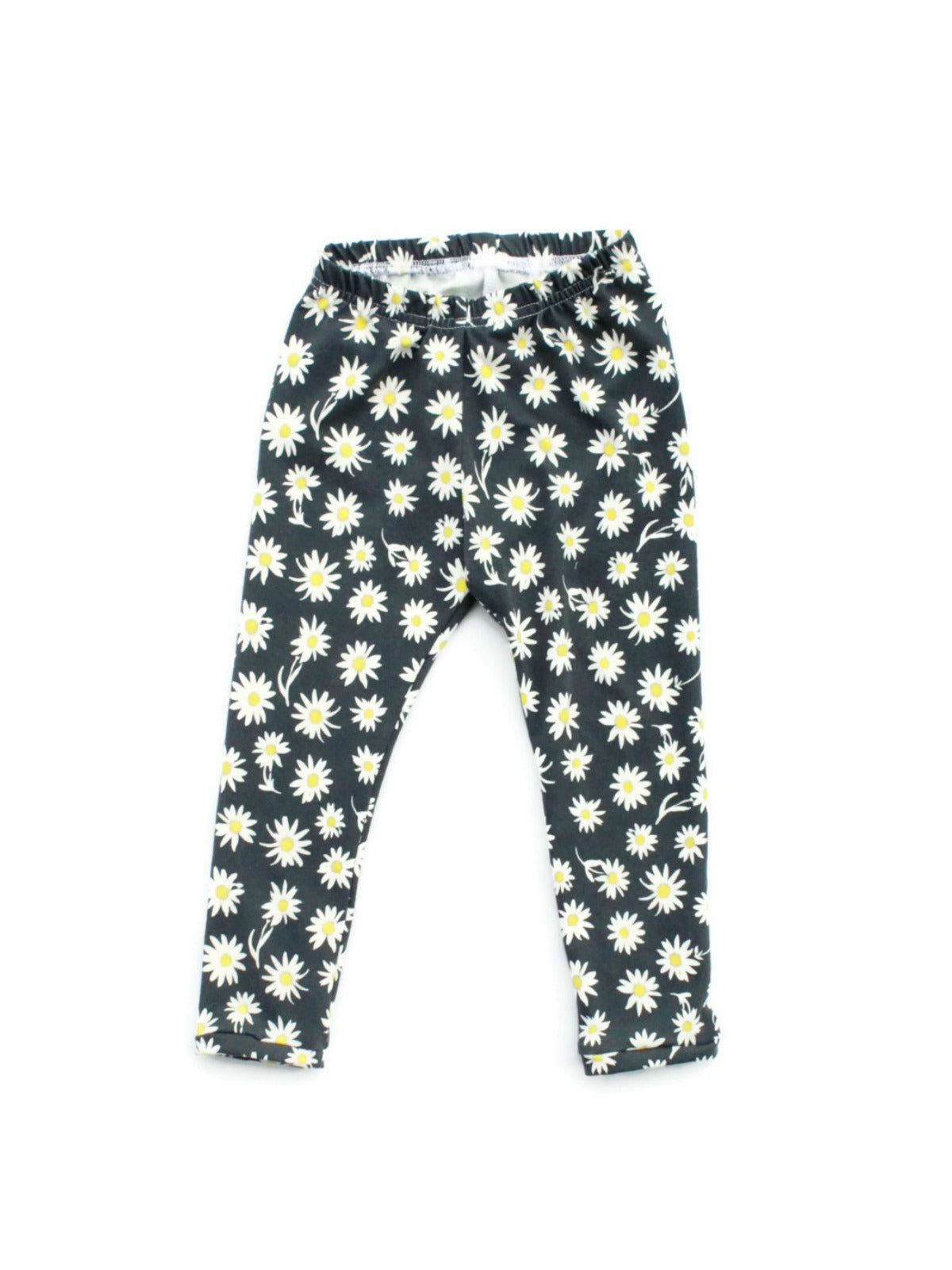 Kids black leggings with white daisy floral print and elastic waistband