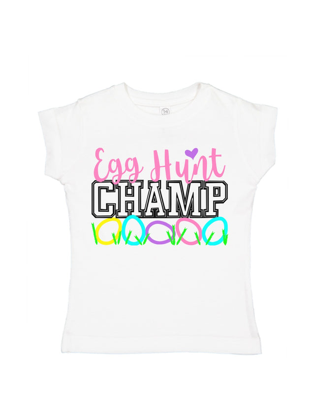 Girls Easter t-shirt with “Egg Hunt Champ” design in pink and pastel colors featuring colorful Easter eggs.
