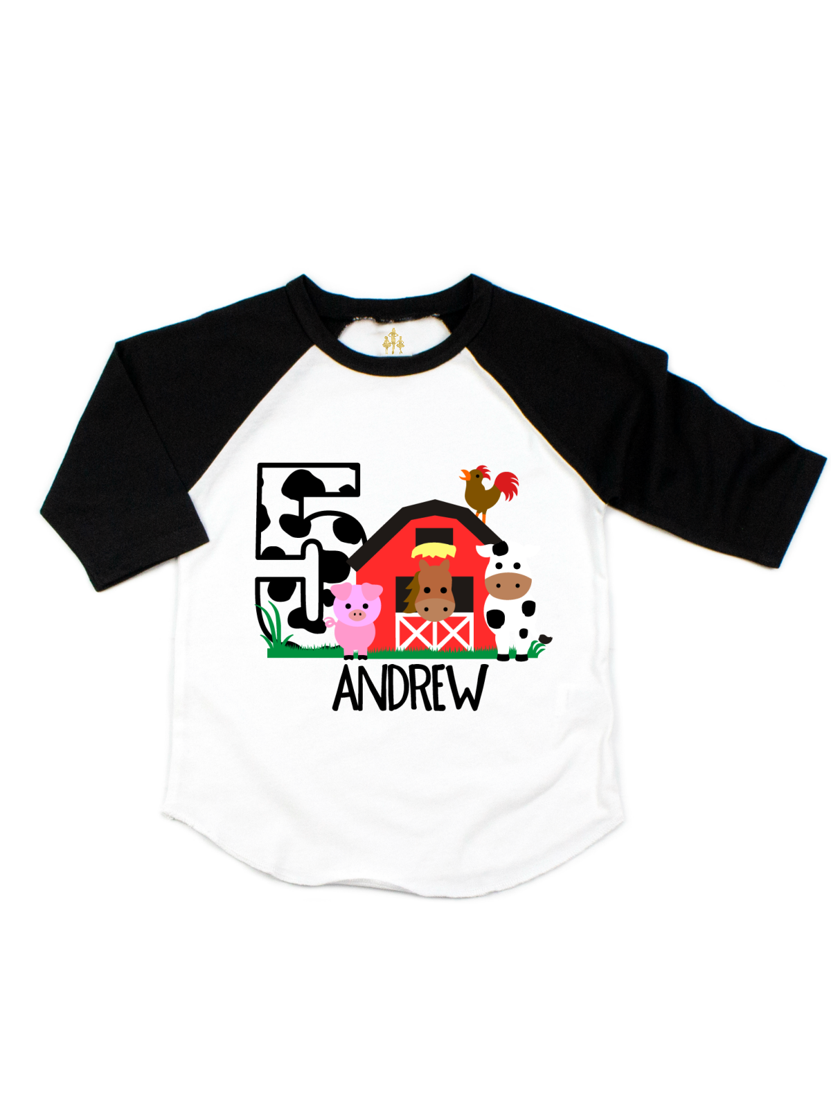 Farm Animals Birthday Raglan Shirt Black White - Main Image