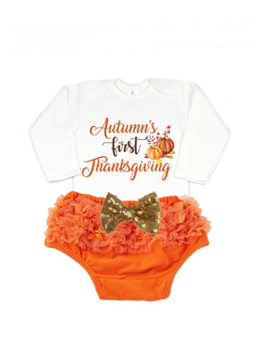 Personalized Baby Girl's First Thanksgiving Outfit - Orange & Gold