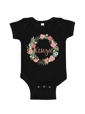 personalized flower wreath baby bodysuit in short sleeve