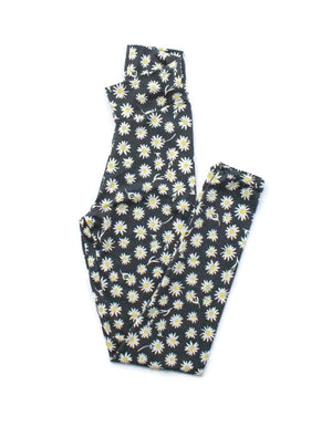 Black women’s leggings with white daisy floral print and yoga-style waistband