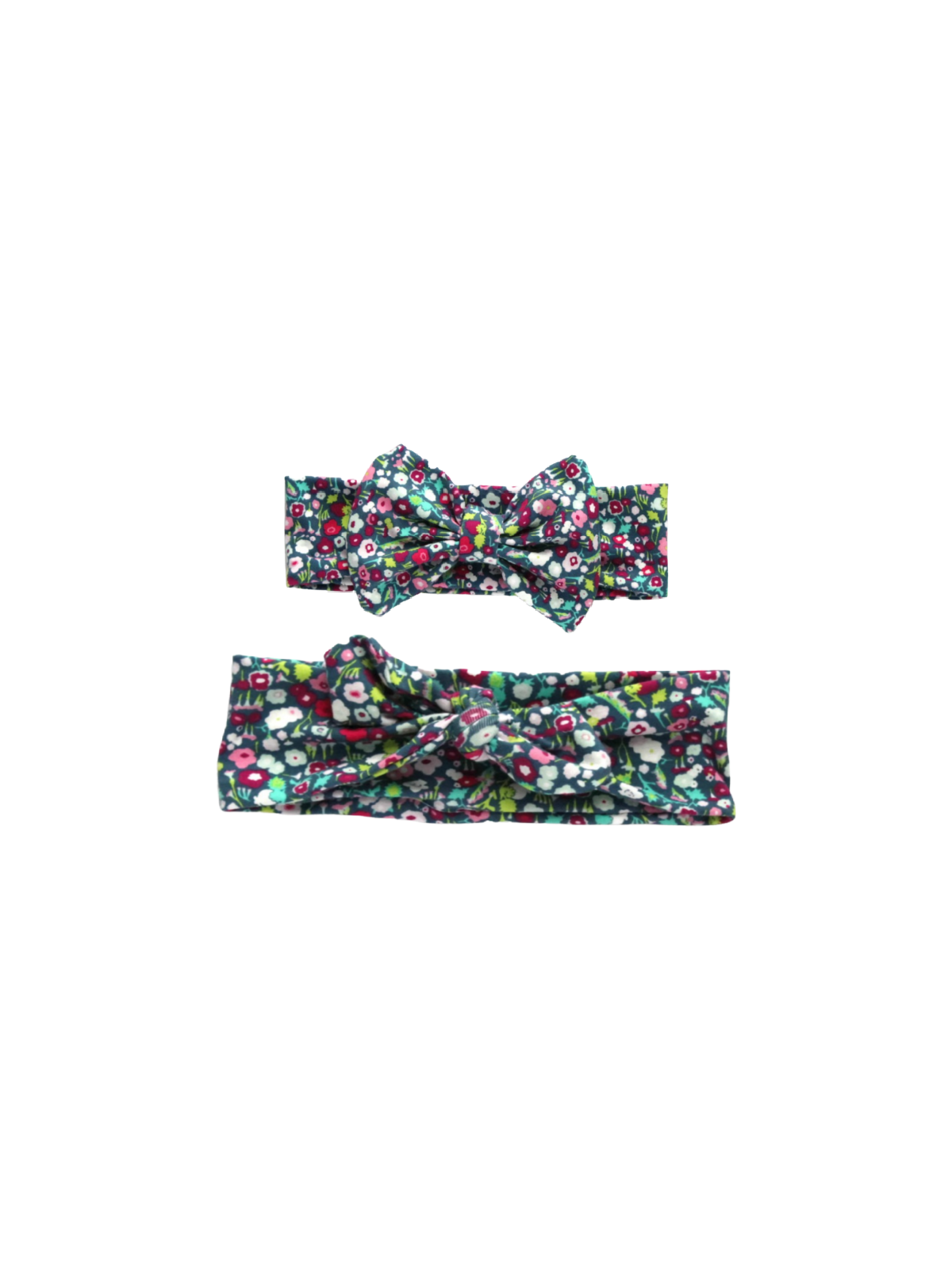 Mommy and Me purple floral headband set featuring twist and bow styles in a vibrant wildflower print on purple fabric

