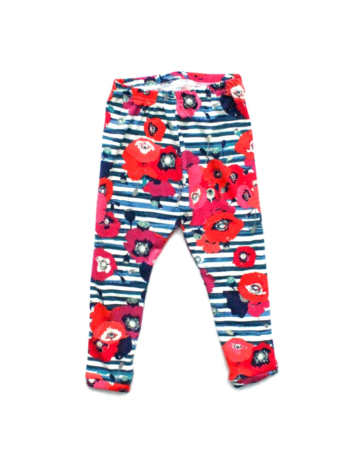 Girls floral leggings with red and pink flowers on navy and white striped background, handmade from cotton knit