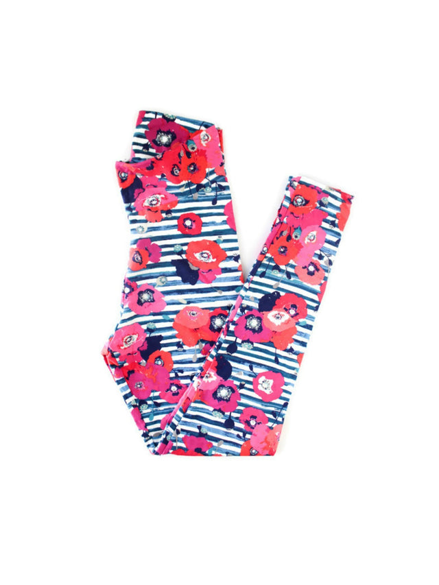 Women's floral and striped cotton leggings with red, coral, and pink flowers on navy and white background