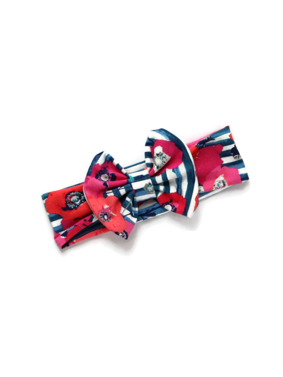 Twist-style headband with pink floral print and navy blue and white stripes