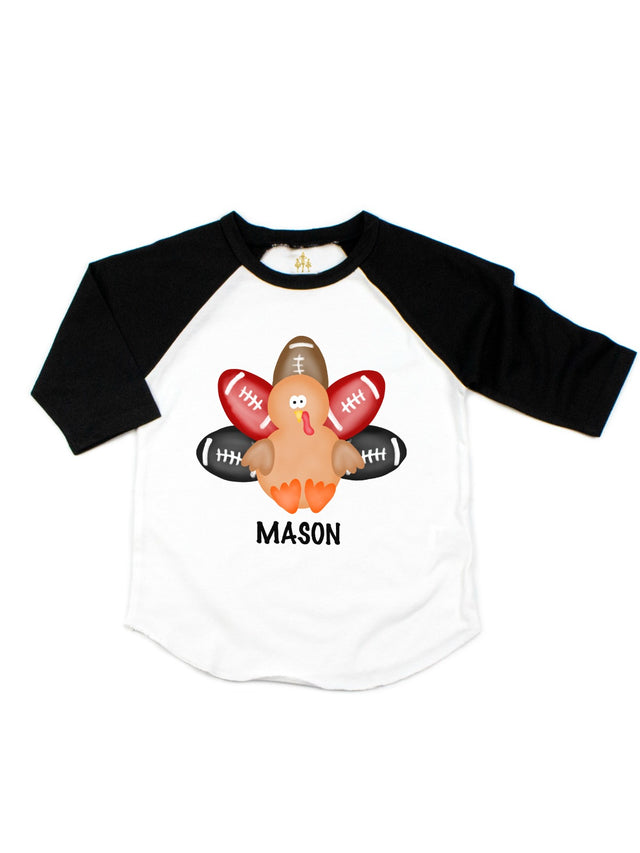 personalized kids Thanksgiving shirt with turkey with footballs as feathers