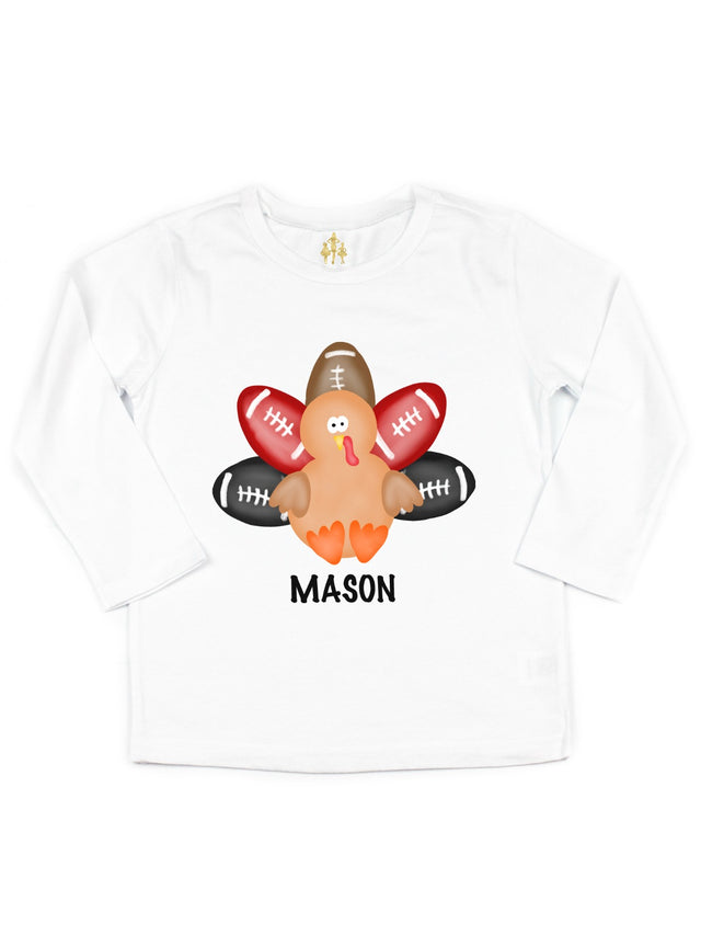long sleeve kids personalized thanksgiving turkey football t-shirt