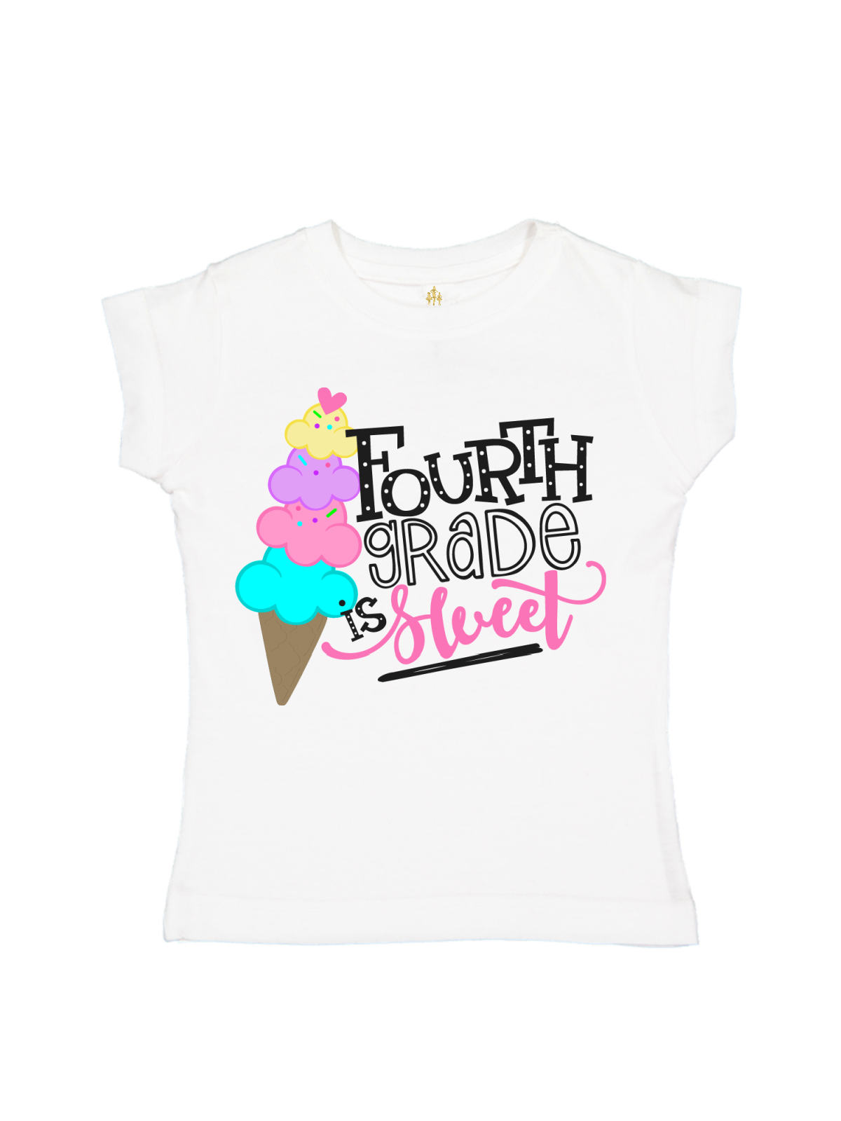 Girls’ “Fourth Grade is Sweet” ice cream-themed back-to-school t-shirts in black, white, blue, and pink