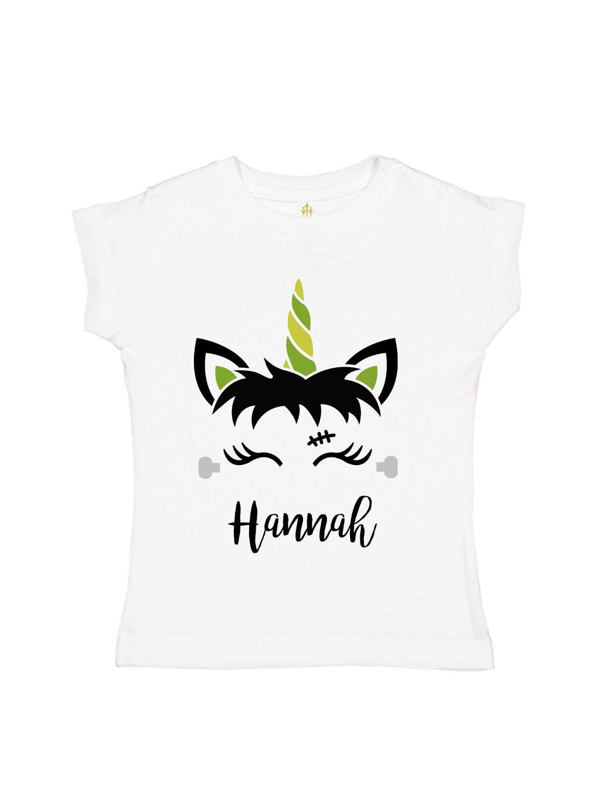 Short sleeve white girls Halloween shirt with Green and Black Unicorn Frankenstein Face