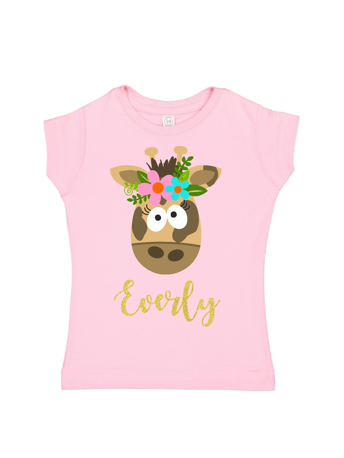 girls personalized pink giraffe in flower crown shirt