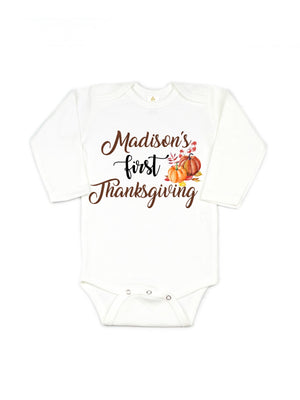 Long sleeve white infant bodysuit personalized first Thanksgiving