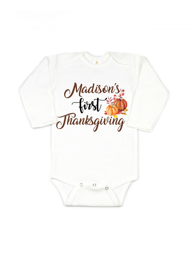Long Sleeve White Baby Girls First Thanksgiving Bodysuit