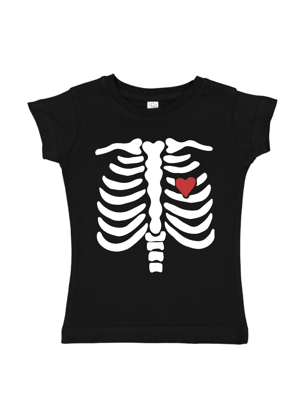 Black Short Sleeve Shirt with Skeleton Outline and red heart