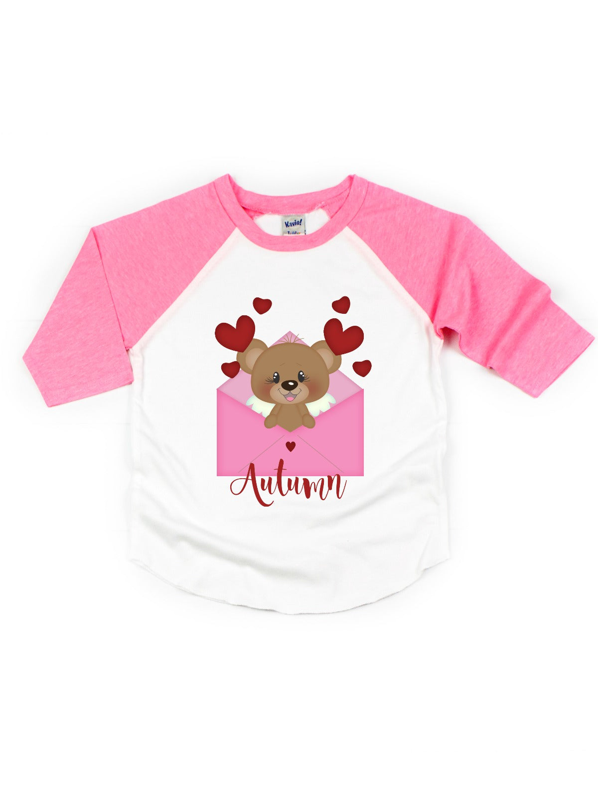 pink and white brown bear valentine's day kids raglan t-shirt