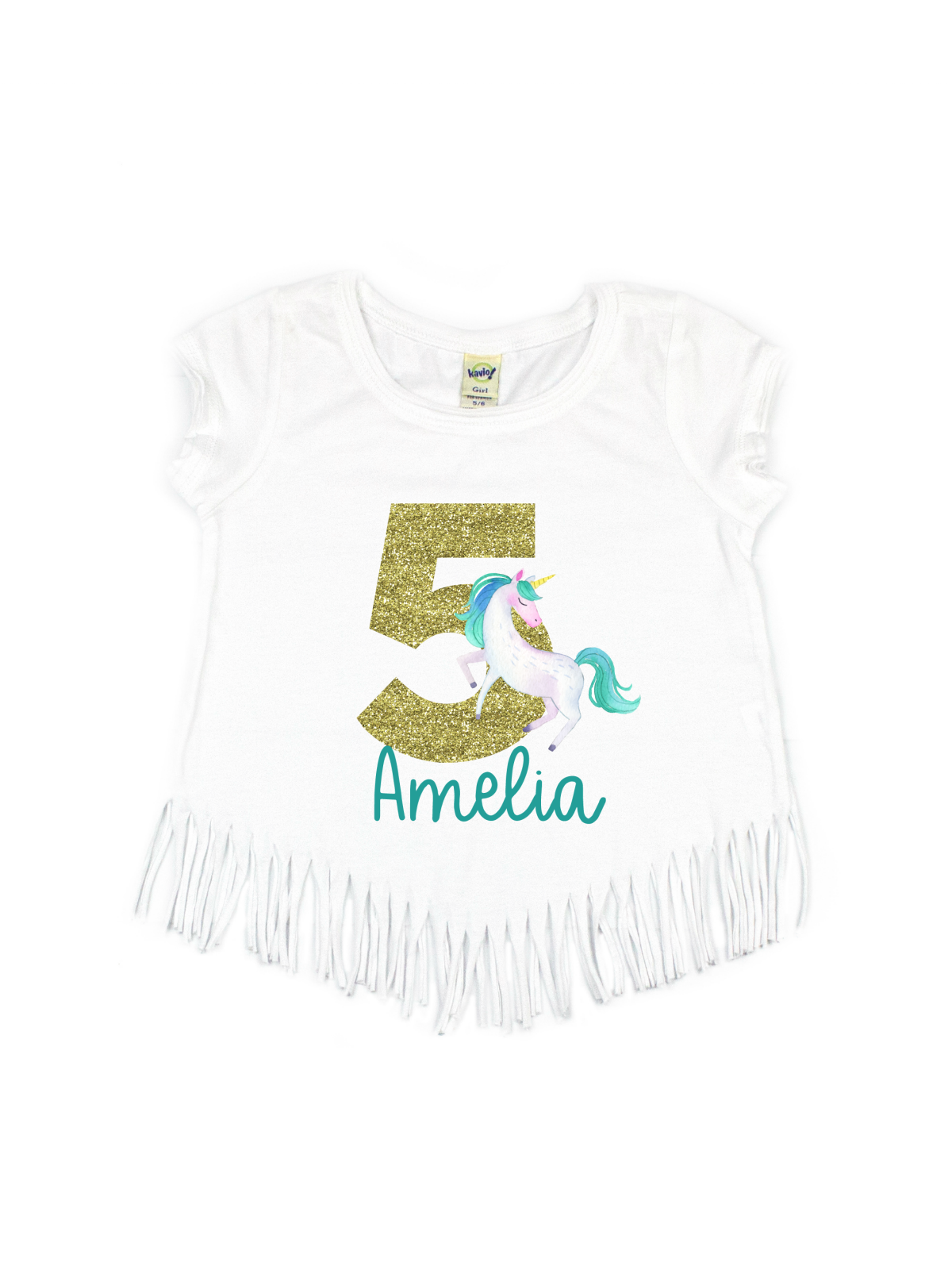 girls personalized unicorn birthday fringe shirt