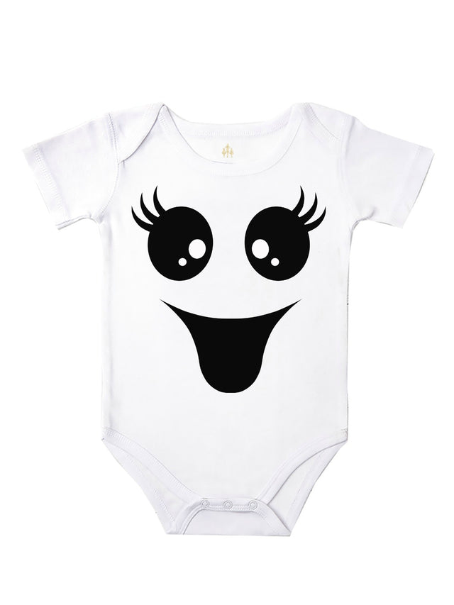 Short Sleeve White Smiling Ghost Halloween Bodysuit for Babies